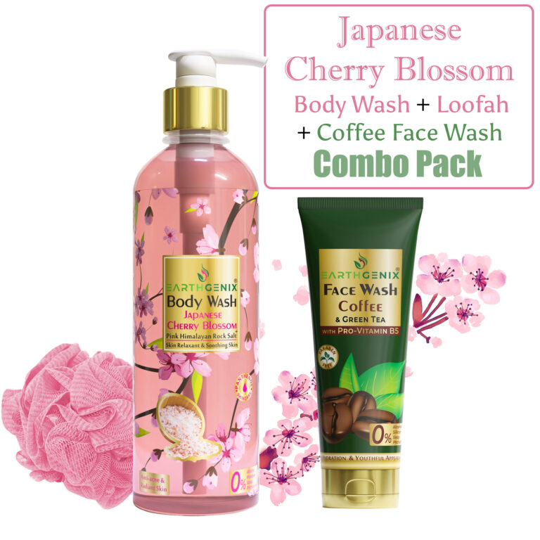 Combo Pack Japanese Cherry Blossom + Pink Himalayan Rock Salt Body Wash 300ml + Free Loofah, Coffee & Green Tea Face Wash 50ml